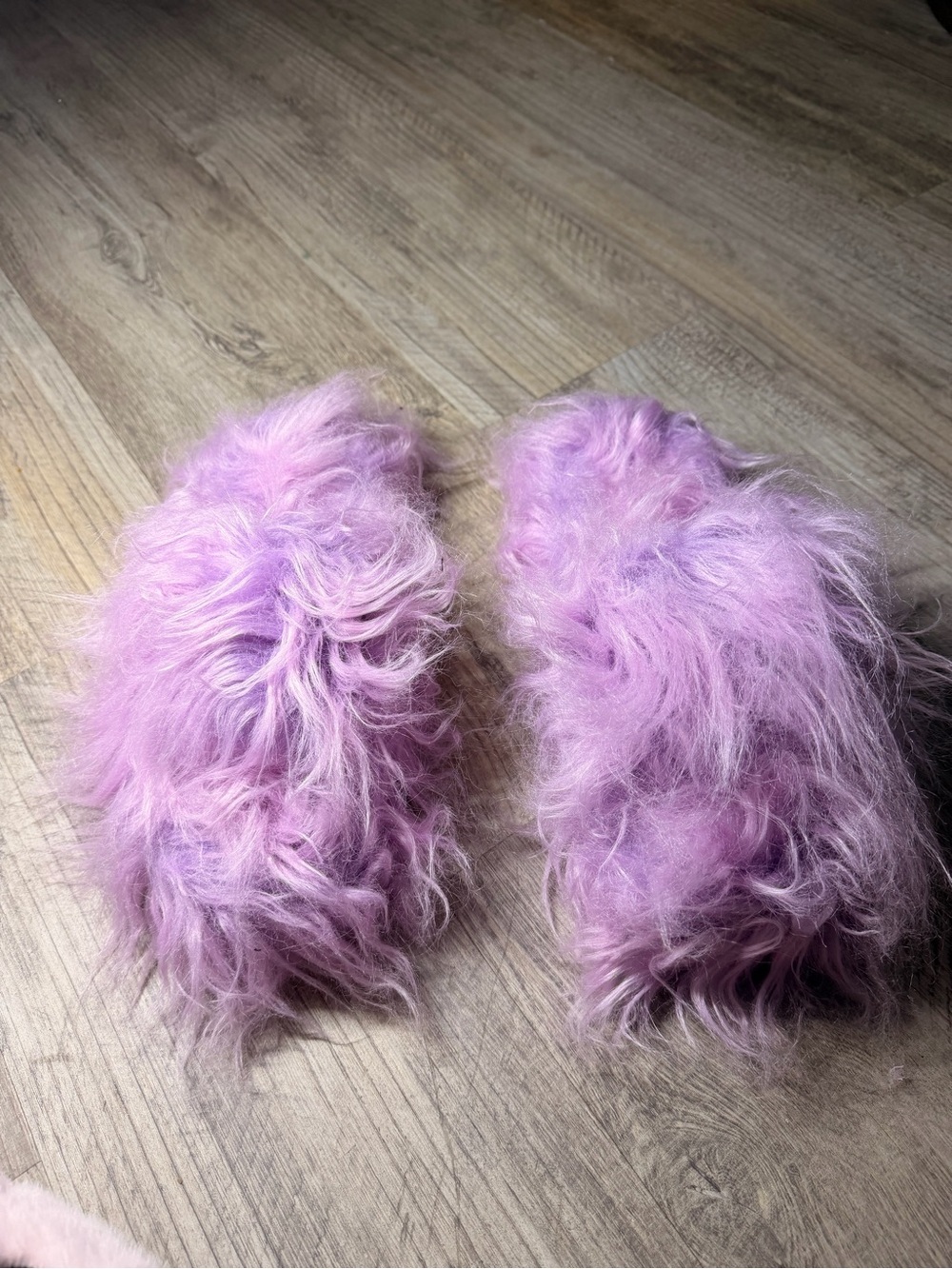 Dolls Kill x Current Mood Lavender Furry Platform Slippers